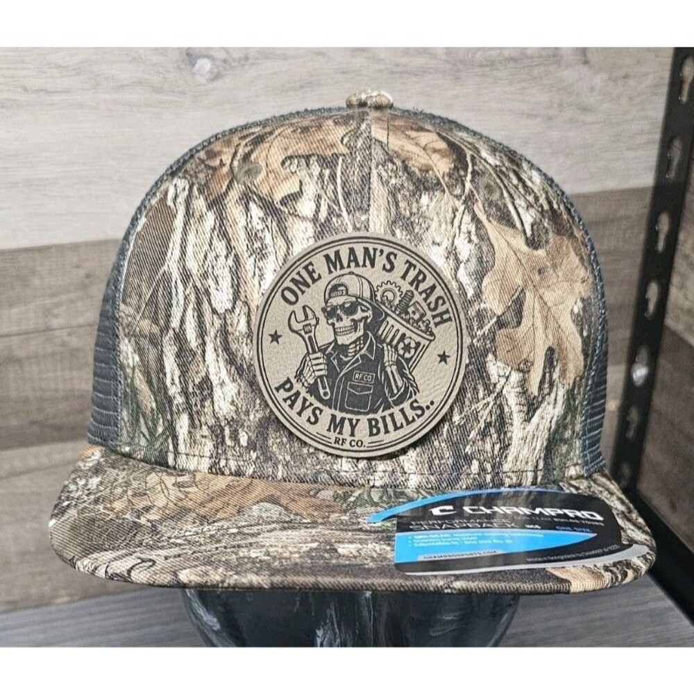 ONE MAN'S Trash Pays My Bills RF Co. Trucker Snapback Hat Realtree Camo One Size